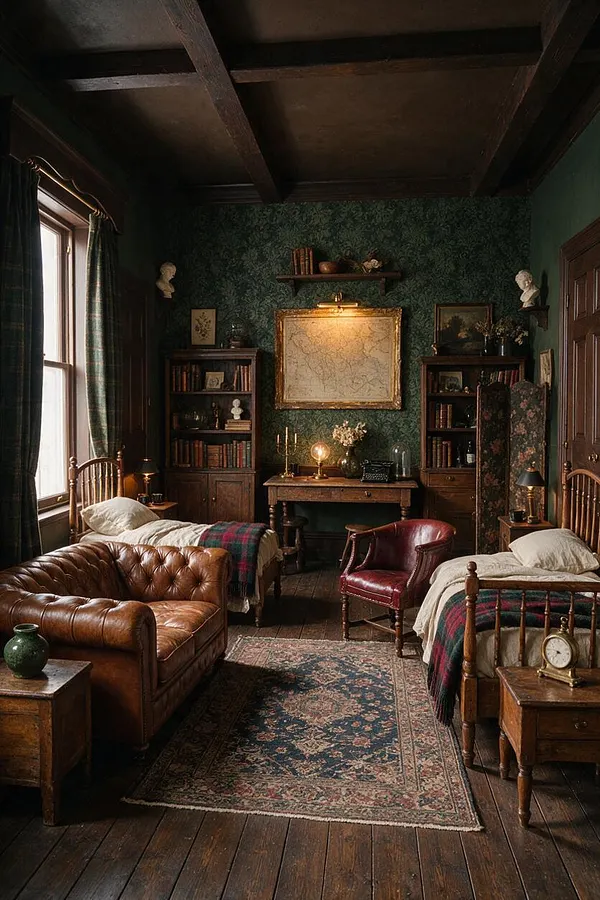 A dark academia kids' room with two twin beds in wood frames, a tufted brown leather sofa, and a burgundy armchair arranged around a vintage-style rug. Deep green patterned wallpaper, dark wood shelving, brass lamps, and classical busts create a scholarly, moody atmosphere.
