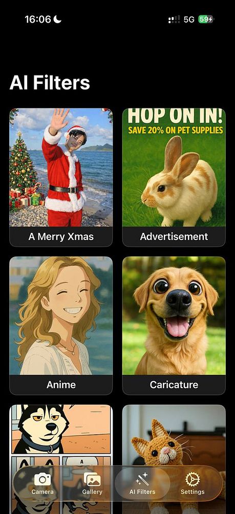 The image displays a user interface for selecting AI filters in a mobile application.
