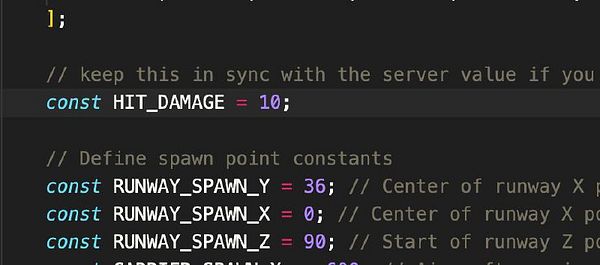 The image displays a code snippet related to game mechanics, specifically defining damage and spawn point constants.