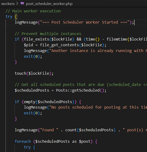 The image displays a code snippet from a PHP script for a post scheduler worker.