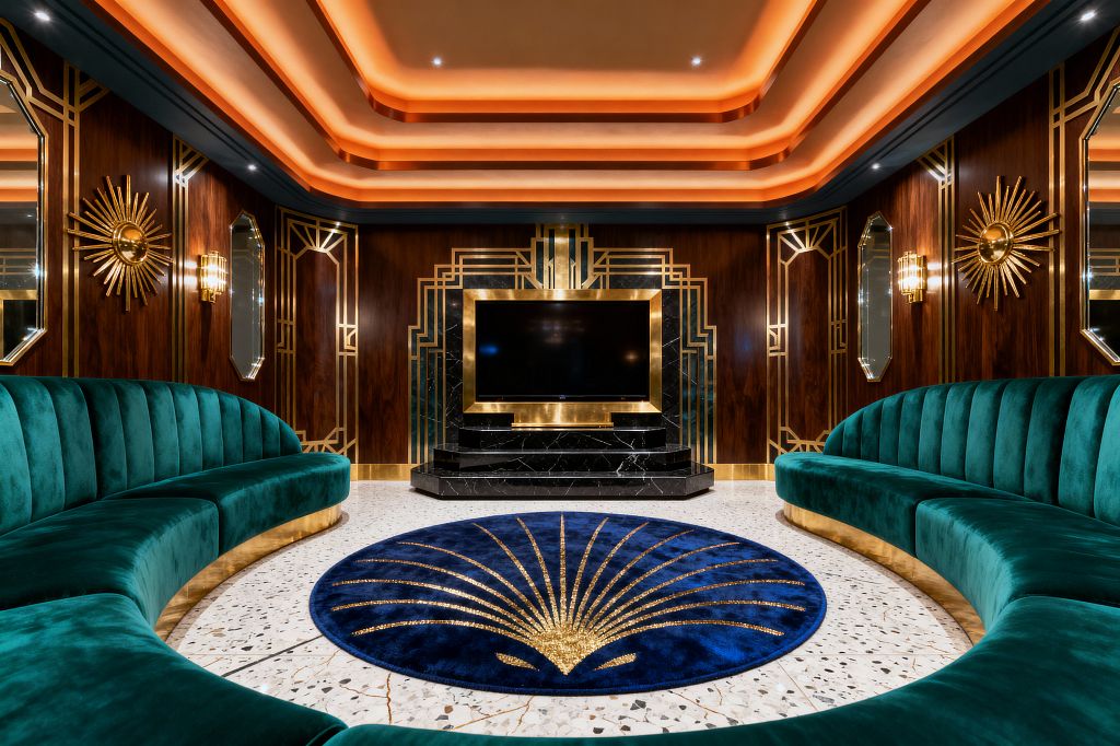 A luxurious Art Deco media room features two curved emerald velvet banquettes facing a central television set framed by brass and black marble. Walnut wall paneling with brass geometric inlays, octagonal beveled mirrors, and starburst accents line the walls. A terrazzo floor holds a round navy rug with a gold fan motif, while ribbed-glass brass sconces and a tiered ceiling with warm cove lighting create an amber glow.
