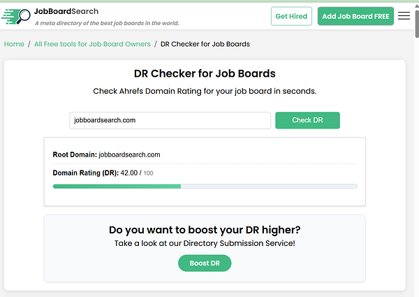 Screenshot of a directory submission service website interface for adding links and retrieving domain ratings.
