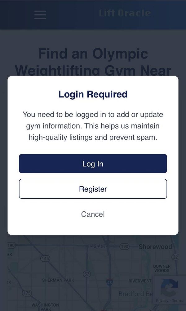 A login prompt is displayed over a map interface for the Lift Oracle app.