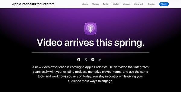Screenshot of the Apple Podcasts website promoting video podcasts with header navigation and a featured video section.