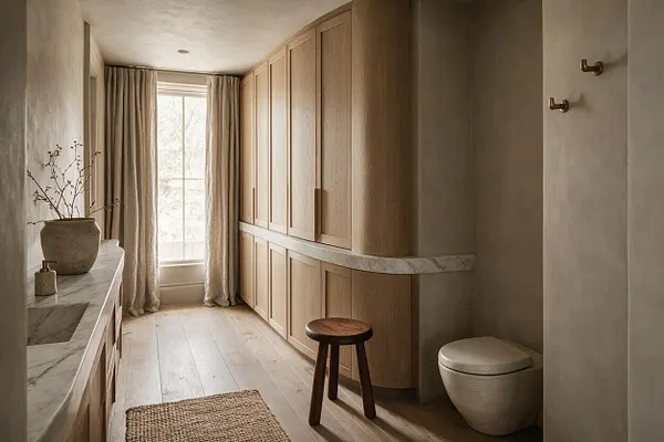 A narrow organic modern bathroom with light oak cabinetry, a marble vanity, and soft beige plaster walls. Linen curtains filter daylight from a tall window, while a woven rug, wooden stool, and rounded toilet add natural texture and warmth.