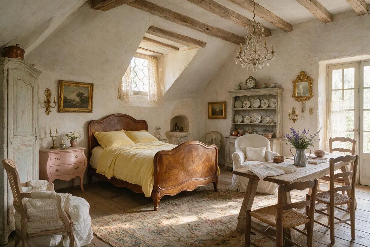 A French Country guest bedroom with a carved wooden bed dressed in pale yellow bedding, set under exposed ceiling beams and plastered walls. The room includes a pink bedside chest, vintage cabinet, delicate chandelier, upholstered chairs, a rustic dining table, and soft natural light from small windows and French doors.