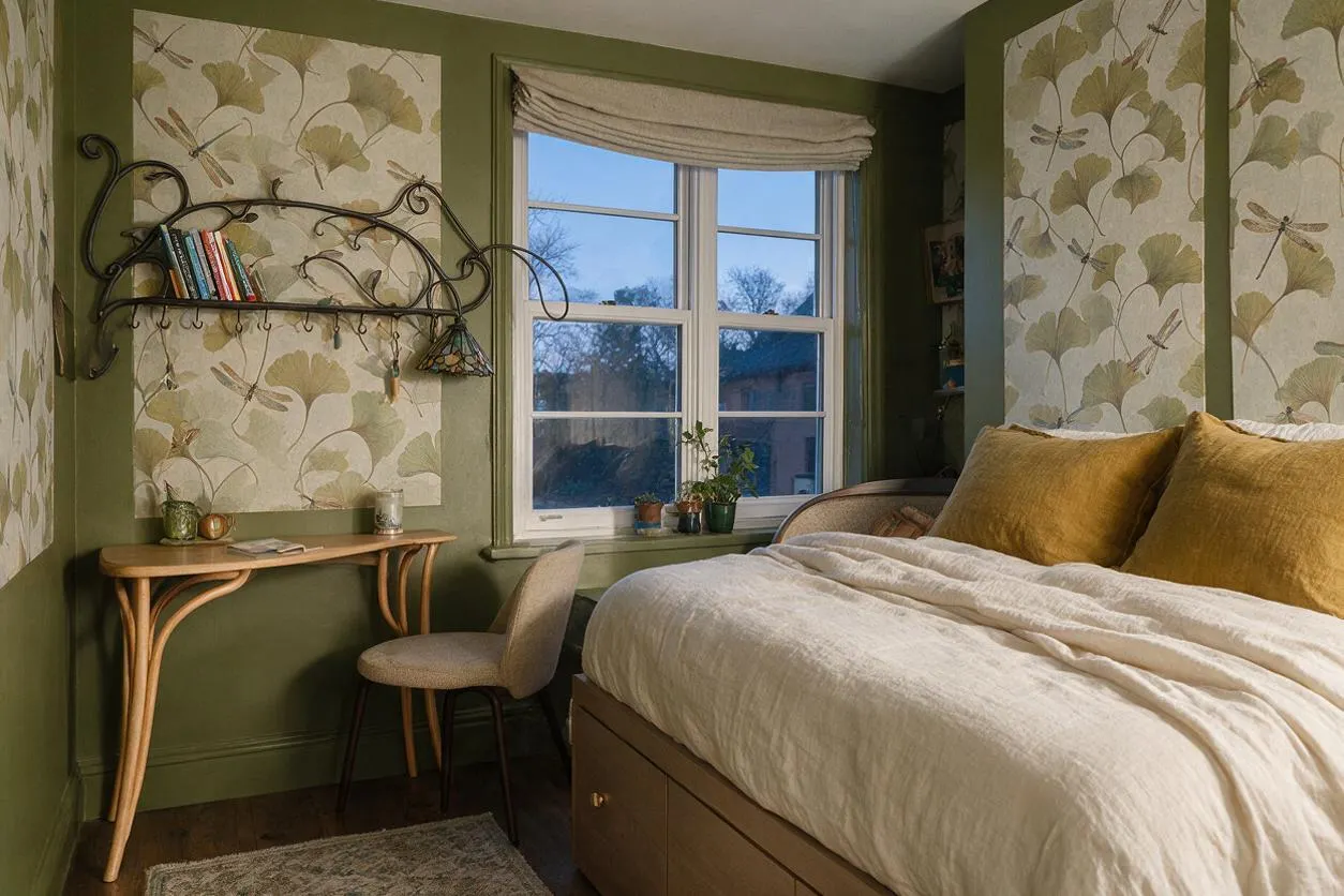 A compact studio apartment bedroom styled in Art Nouveau design, featuring botanical floral wallpaper, olive green walls and trim, and a curved wrought-iron shelf above a small wooden desk. A bed with white linen bedding and mustard-gold pillows sits beside a large window with a soft Roman shade, creating a warm, vintage-inspired atmosphere.
