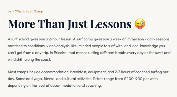 Text description explaining the benefits and offerings of surf camps compared to surf lessons.