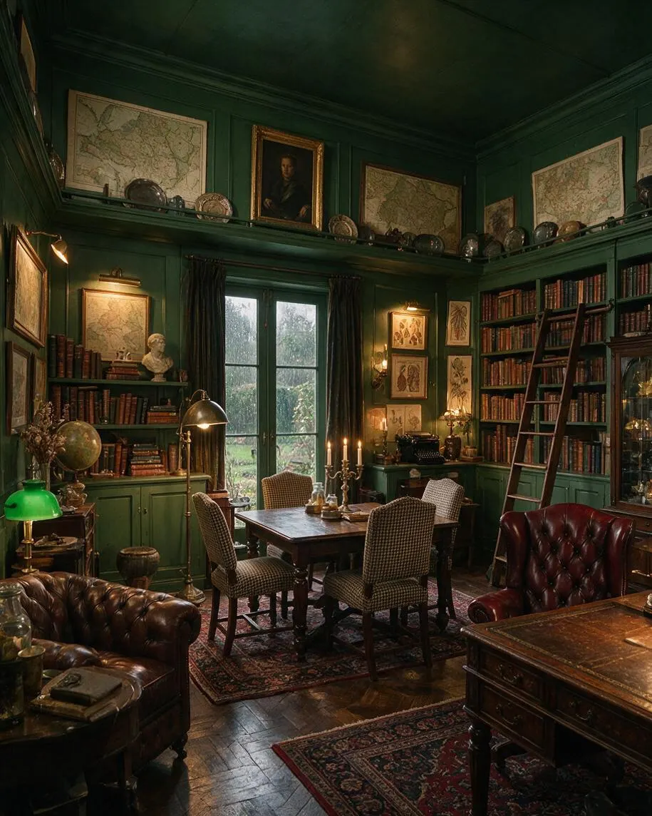 A dark academia dining room with deep green paneled walls, built-in bookshelves packed with old books, framed maps, and a portrait above the room. A wooden dining table sits on patterned rugs, surrounded by upholstered chairs, with leather armchairs, a globe, candelabras, and warm lamp light creating a scholarly, vintage atmosphere.