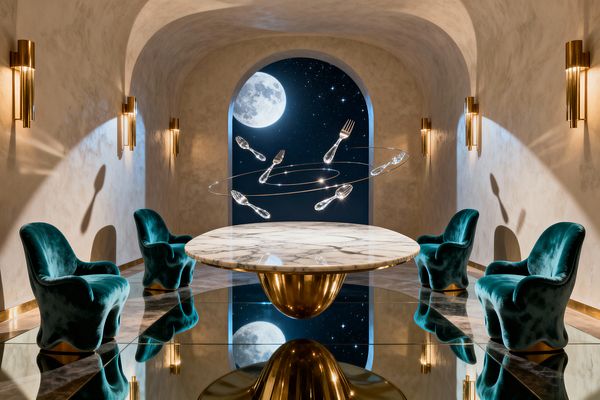 A symmetrical Surrealist dining room features a round white marble table on a polished brass pedestal over a mirrored floor, surrounded by four deep teal velvet chairs. An arched opening reveals a starry night and large moon, brass sconces warm beige plaster walls, and a shimmering ring with translucent floating cutlery hovers above the table, creating layered reflections and a theatrical, dreamlike atmosphere.