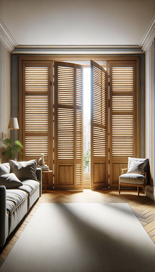 A cozy living room with wooden plantation shutters partially opened to let in soft, natural light.