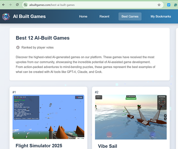 The image displays a webpage featuring the top 12 AI-built games ranked by player votes.