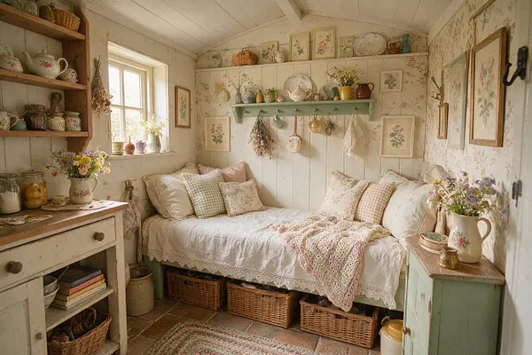 A small cottagecore bedroom with a white daybed covered in linens, lace trim, and pastel floral pillows. The room has open wooden shelves, framed botanical art, woven baskets, a mint shelf with hanging herbs and mugs, and soft natural light from a window.