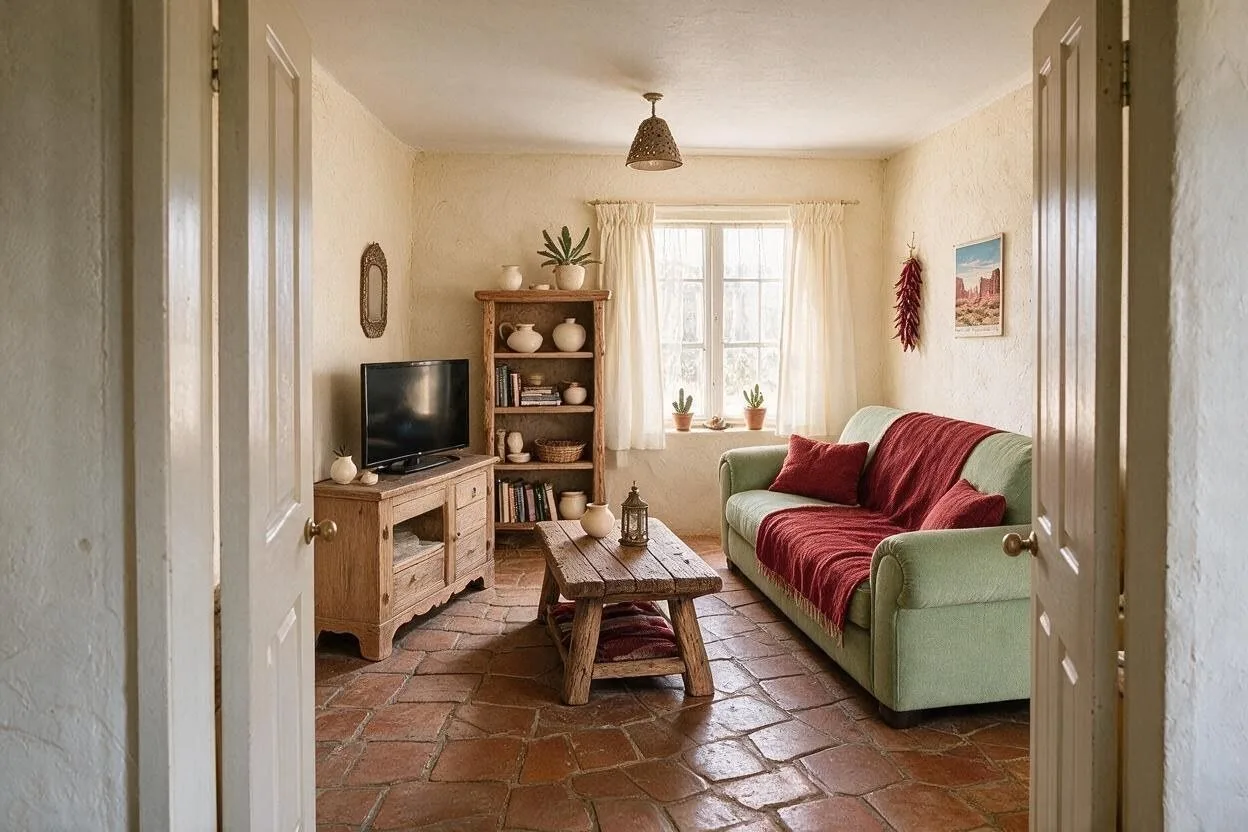 The same Southwestern living room in the Sage Desert palette: sand, sagebrush, pine, deep red, and bone