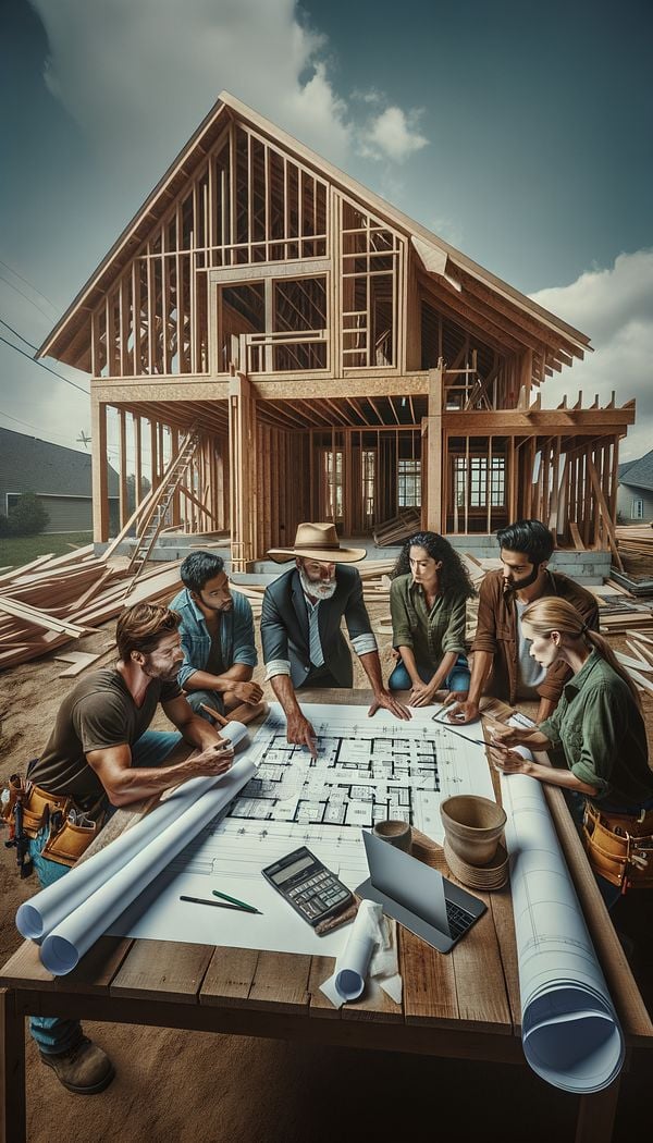 An illustration of a custom home under construction, showing a partially built structure with various construction professionals discussing plans and pointing at design features.