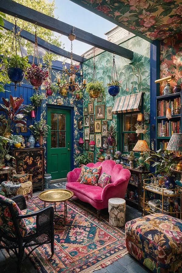 A colorful backyard lounge packed with maximalist decor, including a bright pink velvet sofa, patterned rugs, hanging plants, framed art, and floral wallpaper. Blue-painted walls, a green door, and floral ceiling paper create a dense, eclectic outdoor room full of texture and color.