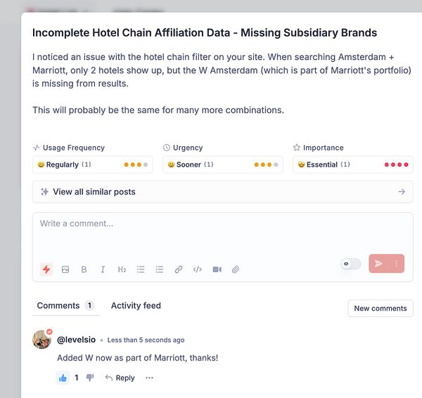 The image displays a task interface discussing the integration of W Hotels into Marriott's listings.