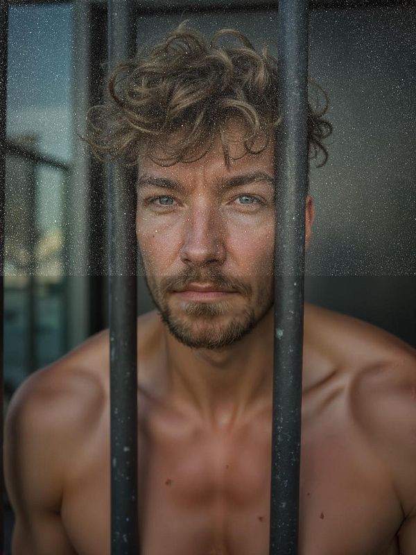 A close-up portrait of a man with curly hair, looking through bars with a gritty texture overlay.