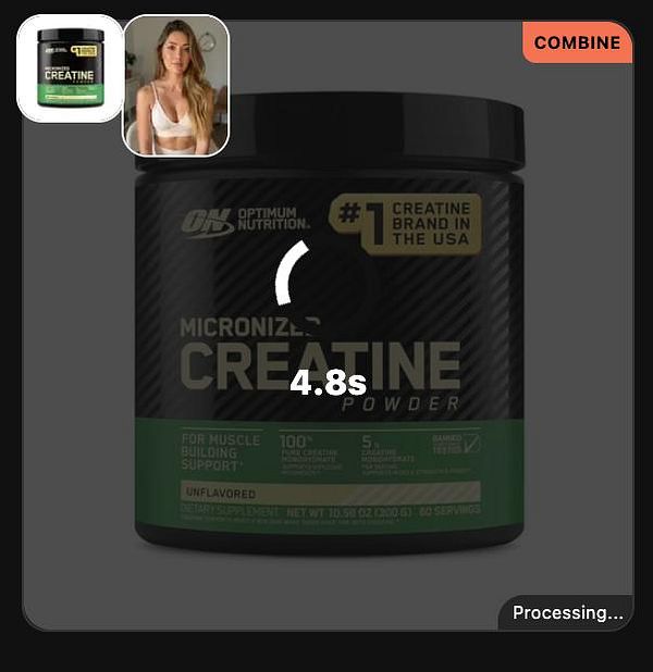 The image features a container of creatine powder alongside a profile picture of a woman.