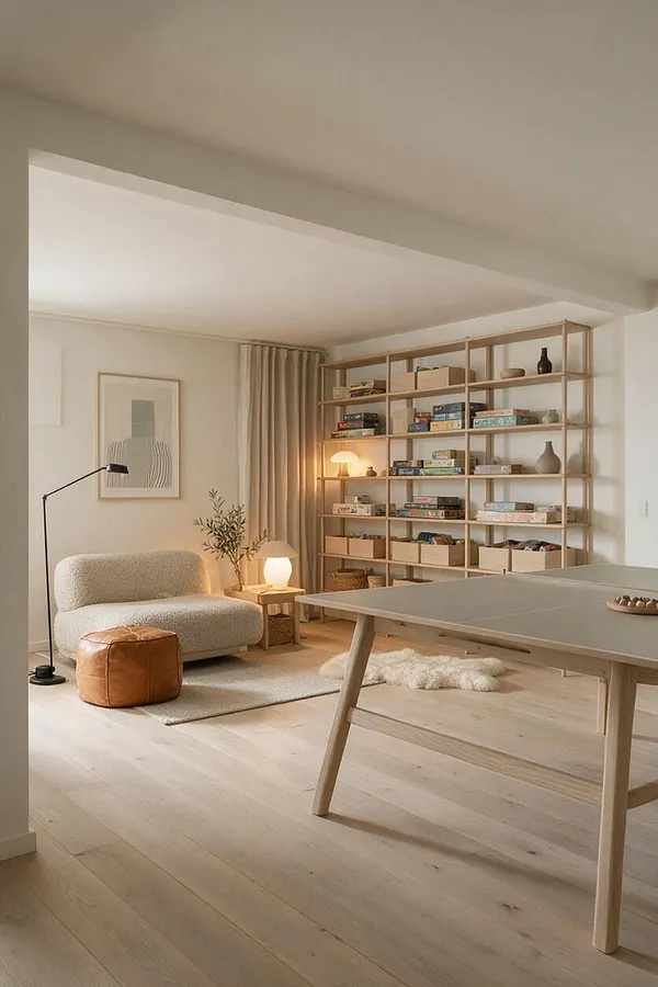 A Scandinavian-style game room with light wood flooring, a large open shelving unit filled with board games, and a low lounge chair with a matching ottoman. Soft curtains, a floor lamp, table lamp, and neutral textiles create a calm, cozy atmosphere around a large game table in the foreground.