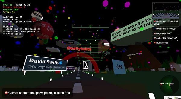 The image depicts a colorful, animated game environment with various floating elements and a user interface displaying game statistics and missions.