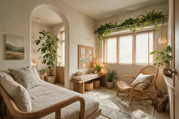 A serene guest bedroom with a light wood bed dressed in soft beige linens, a rattan lounge chair, and many potted plants placed around the room. Natural light enters through a large window with wood blinds, and trailing greenery sits on a shelf above it, creating a warm biophilic atmosphere.