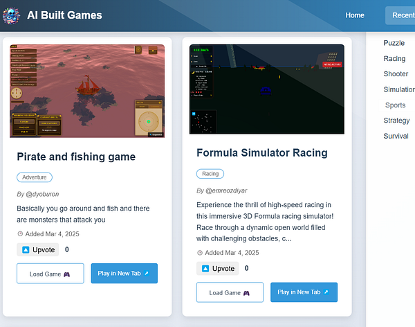 The image displays a webpage featuring two game listings under the 'AI Built Games' section.