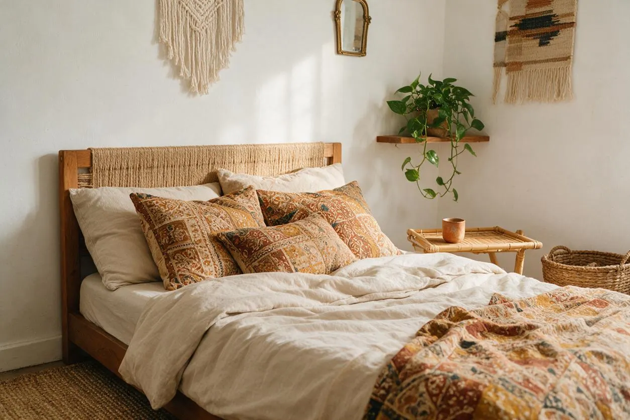 A cozy bohemian master bedroom with a low wooden bed dressed in cream bedding and patterned earth-toned pillows and throw. Woven wall hangings, a small wooden side table, a hanging plant, and a basket add natural texture against soft white walls.