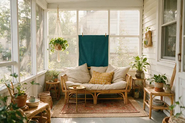 A screened front porch with a rattan loveseat centered against bright windows, layered with cream cushions and a mustard floral pillow. The space includes hanging and potted plants, woven side tables, natural fiber rugs, and a teal textile backdrop, creating a relaxed bohemian atmosphere.