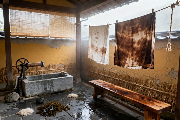 A rustic, open-air laundry features a carved stone washbasin with a hand-cranked iron mangle, a long cedar bench, and wet slate flooring. Weathered ochre plaster walls with cracks and a straw brushwood wattle sit beneath bamboo roll blinds, while a rope clothesline holds two shibori-dyed linen cloths in off-white and deep brown; river stones, natural brushes, and rising steam complete the calm Wabi-Sabi scene.