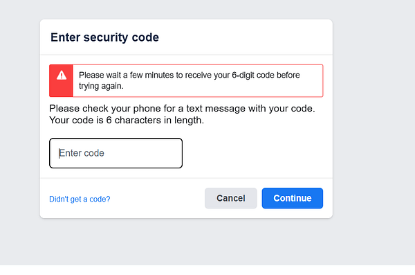 A security code entry interface for Facebook account recovery.