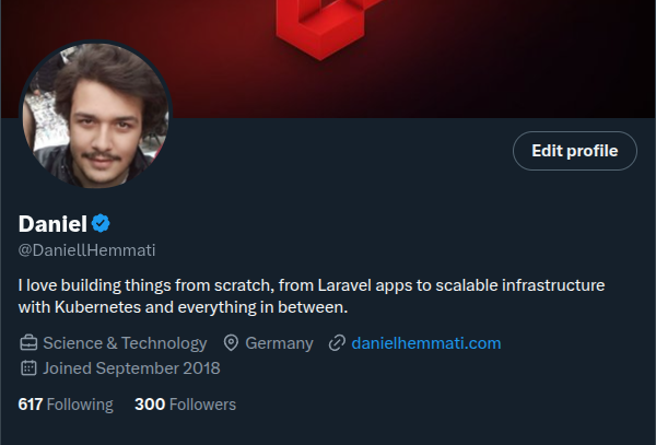A Twitter profile showcasing a user named Daniel with 300 followers.