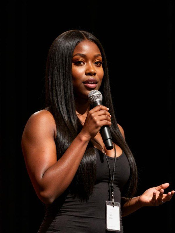 A woman with long hair speaks into a microphone while gesturing with her hand.