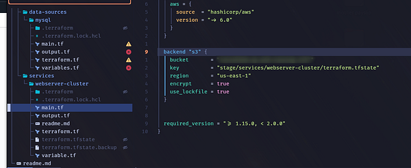 Terraform state management interface displaying two state files and a configuration overlay.