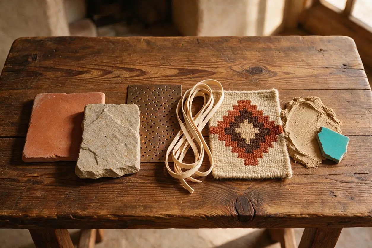 A rustic tabletop displays a curated arrangement of Southwestern-inspired materials: terracotta, stone, perforated metal, leather lacing, woven textile, and plaster in earthy tones. The weathered wood surface adds warmth and age, reinforcing the handcrafted, natural character of the palette.
