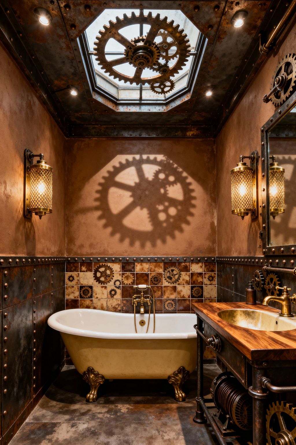 A narrow steampunk bathroom centers a cream clawfoot tub beneath an octagonal skylight fitted with large metal gears that cast shadows on warm brown plaster walls. Riveted steel panels and cream-and-rust tiles printed with cog motifs wrap the lower walls. To the right is a wood-topped vanity with a hammered brass sink, exposed pipes, and decorative gears, paired with a riveted mirror. Brass mesh sconces and ceiling spotlights create an amber glow over a mottled concrete-look floor.