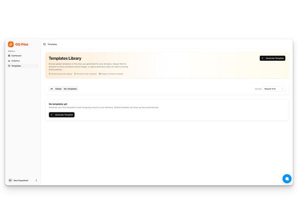 The image displays the 'Templates Library' interface of the OG Pilot platform.