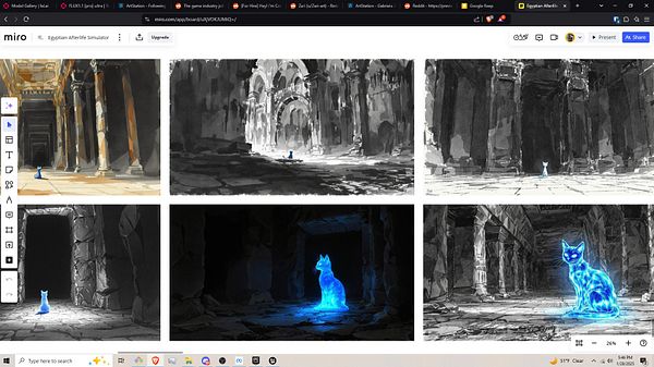 A collection of artistic concept sketches featuring a cat in an Egyptian-themed environment.