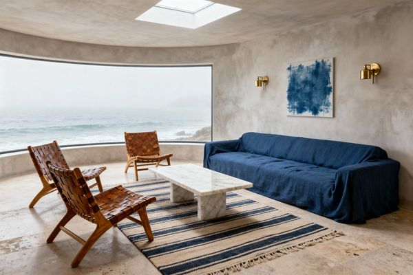 A curved, ocean-facing living room features a panoramic window and skylight, a deep indigo linen slipcovered sofa, two woven cognac leather lounge chairs, and a white marble pedestal coffee table on a cream-and-navy striped flatweave rug. Limewashed plaster walls display brass sconces and a blue abstract artwork, while the travertine floor and misty sea view create a calm, coastal atmosphere.