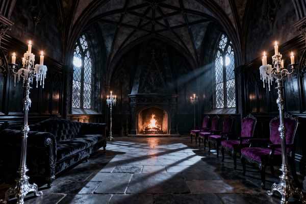 A cathedral-like living room features a ribbed vaulted ceiling, pointed-arch leaded windows, and a carved stone fireplace burning at center, flanked by tall silver candelabras with dripping wax. A tufted black velvet sofa sits to the left and a row of purple velvet armchairs to the right, against dark-stained wood paneling and limestone flagstones, while moonlight streams in to cast patterned shadows across the floor.