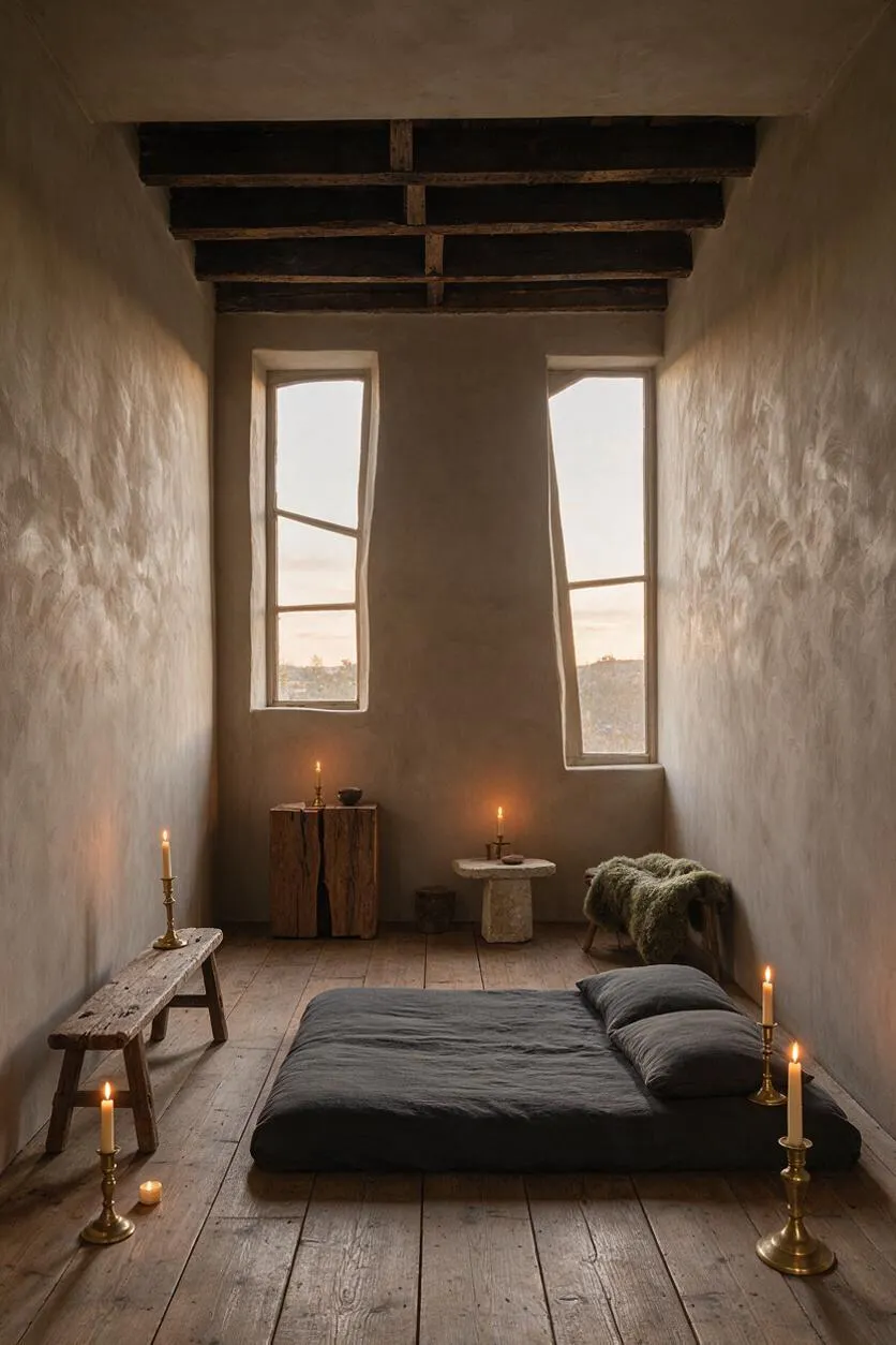 A narrow studio apartment with textured plaster walls, exposed dark ceiling beams, and two tall windows filled with soft daylight. The room contains a low charcoal floor bed with gray pillows, rustic wooden benches and stools, and several lit brass candlesticks that create a warm, serene atmosphere.