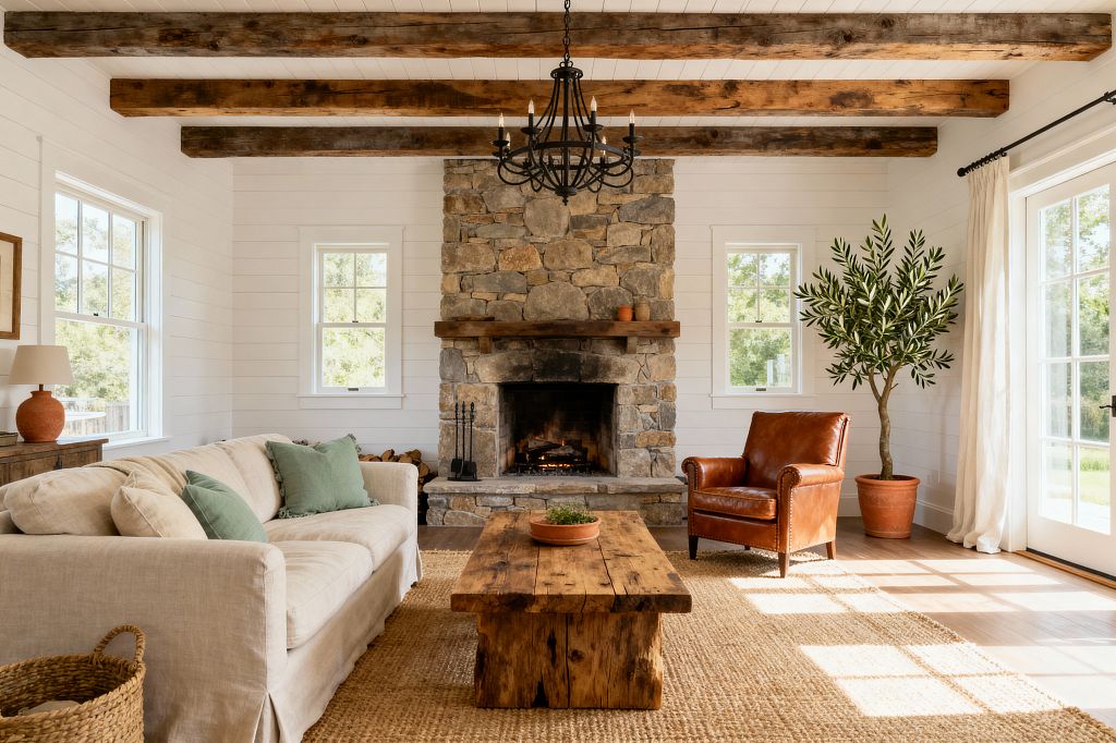 A farmhouse living room with a central fieldstone fireplace and thick wood mantel, surrounded by white shiplap walls and exposed ceiling beams. A beige linen slipcovered sofa with green pillows faces a chunky reclaimed-wood coffee table on a jute rug. To the right sits a caramel leather armchair and a terracotta potted olive tree. A black iron chandelier hangs overhead, with sunlight streaming through white-framed windows and French doors.