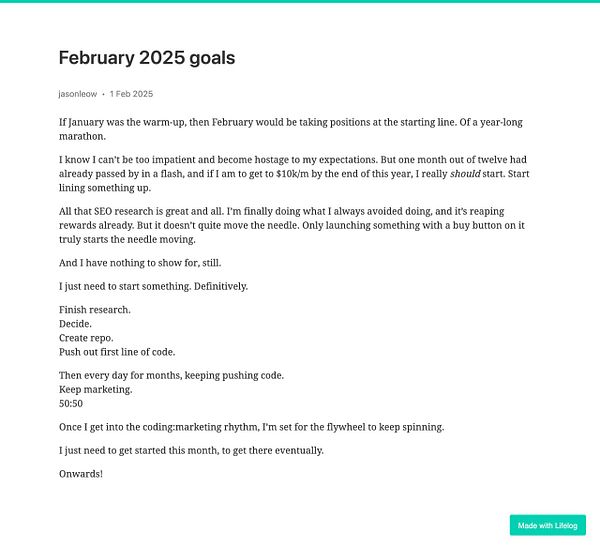 A detailed list of goals for February 2025, focusing on starting a coding project and marketing efforts.