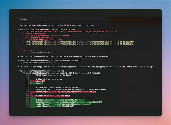 The image displays a terminal interface showing a debugging session for a code test related to a project.