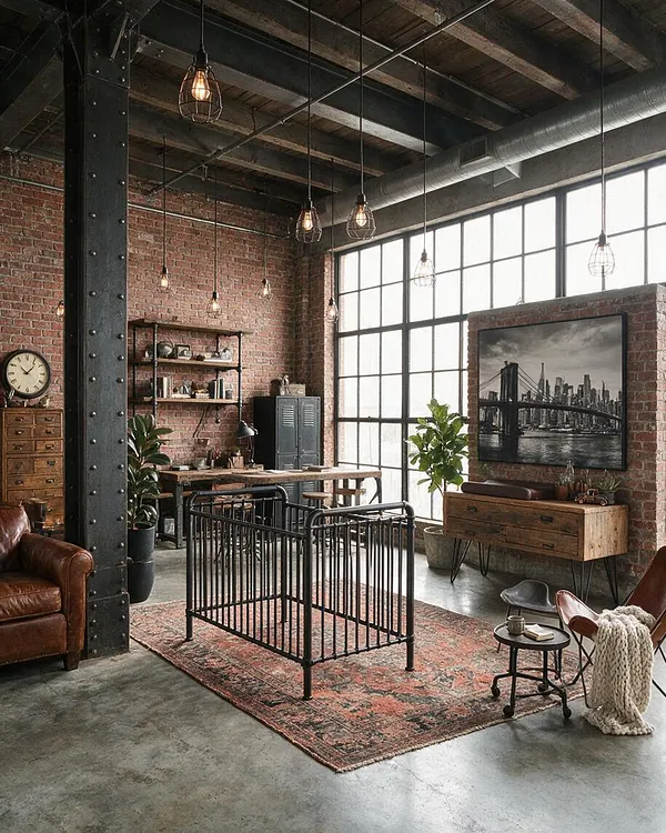 A spacious industrial-style nursery in a loft-like room with exposed brick walls, a black metal crib on a distressed rug, and large factory-style windows. The space includes hanging cage pendant lights, a leather chair, wood storage pieces, potted plants, and steel beams overhead, creating a warm yet rugged nursery setting.