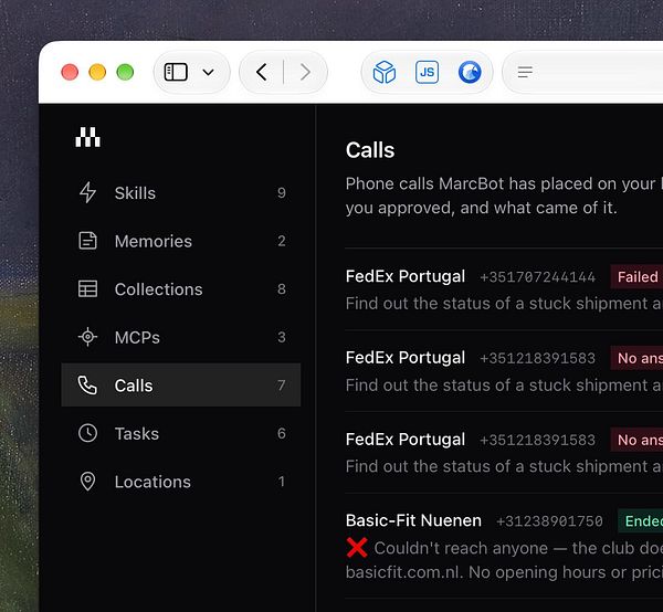 Dashboard interface showing tracked calls, tasks, and locations with detailed metrics and a map overview.
