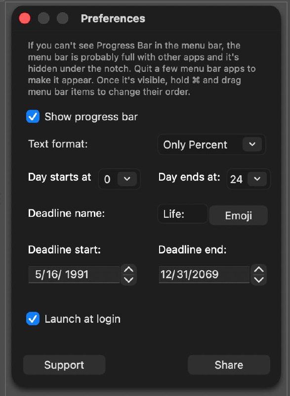 Screenshot of a macOS system settings window showing display options with an emphasis on how to make the progress bar visible around the notch area.