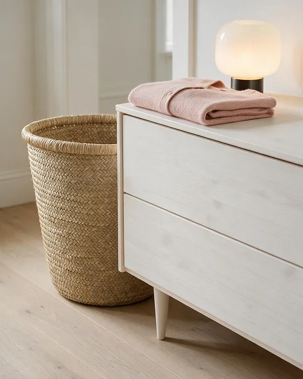 A Scandinavian-style bedroom vignette with a pale wood dresser, a folded blush knit garment, a glowing white table lamp, and a large woven basket beside it. The space uses light wood flooring, soft neutral walls, and natural textures for a calm, airy feel.