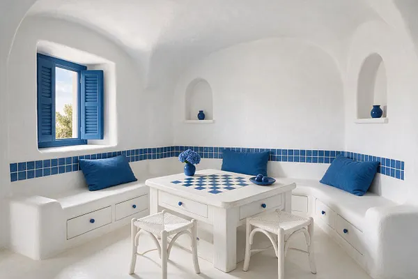 A bright Mediterranean-style game room with curved white plaster walls, built-in bench seating, and a square table centered in the room. Blue tile trim, cobalt cushions, a matching blue window shutter, and small arched wall niches create a clean coastal look.