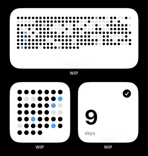 Screenshot of an iOS app home screen showing streaking widgets in a vertical list format with various task categories and icons.